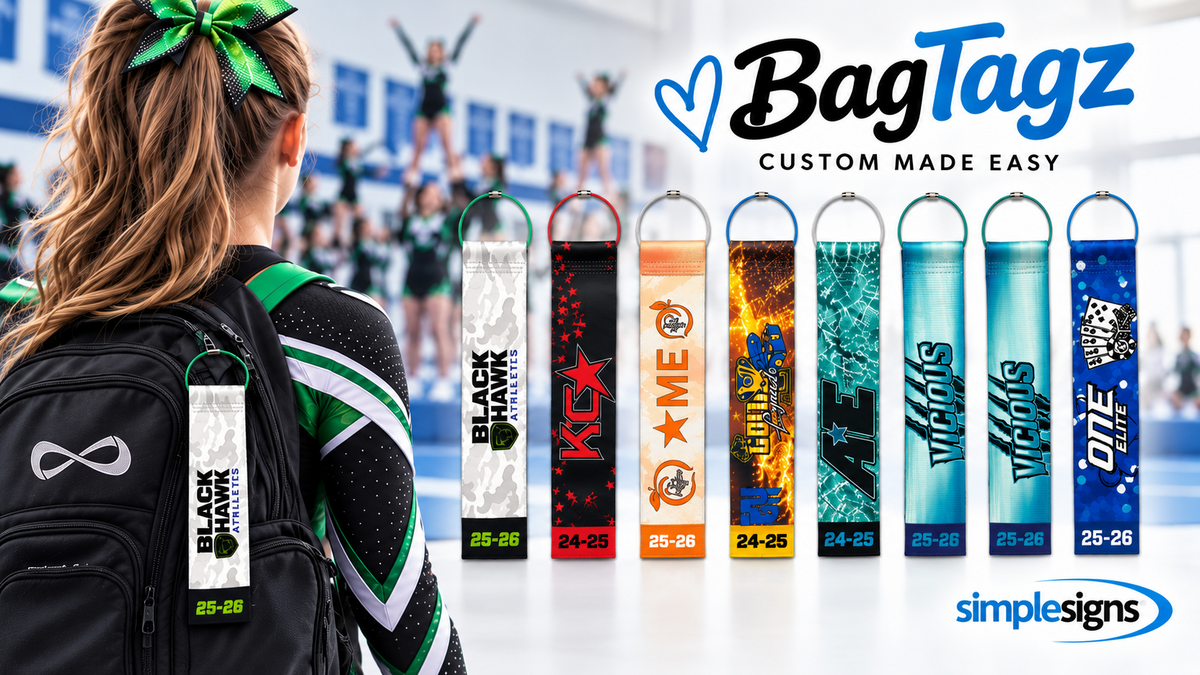 Custom BagTagz for cheer gyms with athlete and finished BagTagz examples