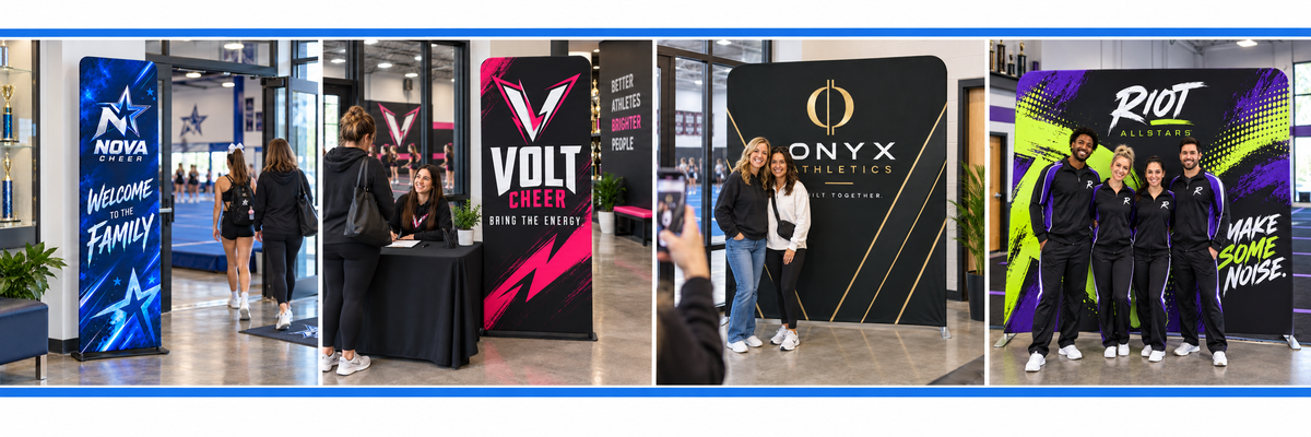 Four separate gym settings showing welcome, registration, parent photos and team photos with custom fabric displays