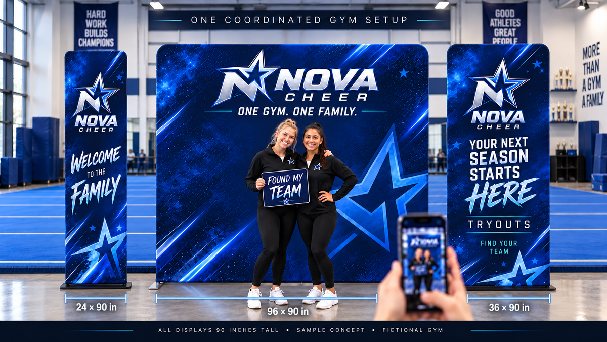 Fictional Nova Cheer gym: 24 × 90 and 36 × 90 inch stands with a 96 × 90 inch photo backdrop. Sample concept; displays sold separately.