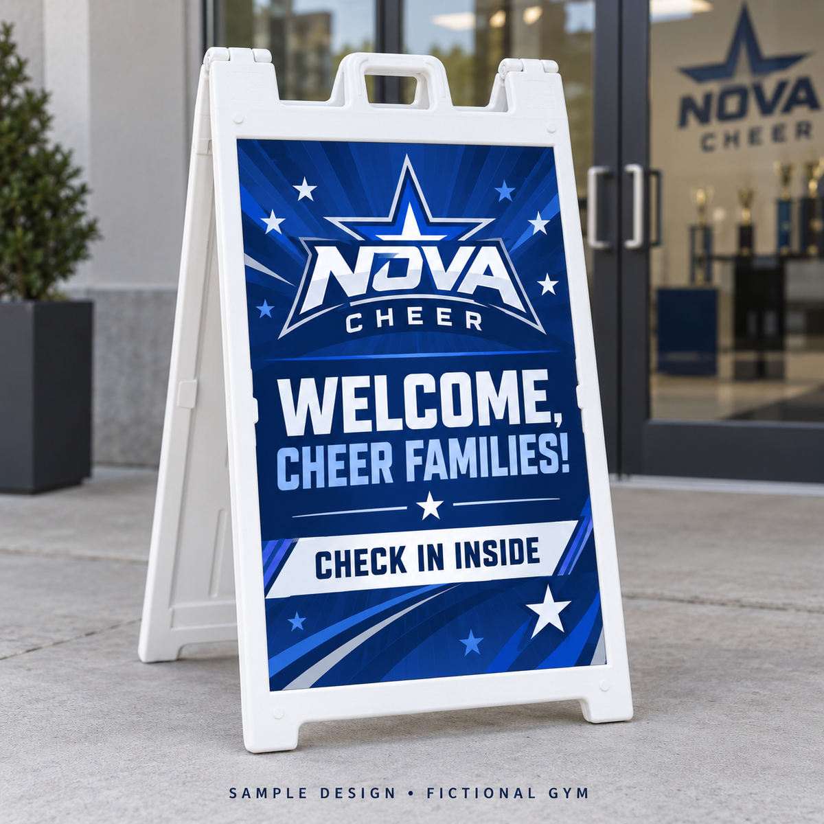 24 by 36 inch A-frame sign, nova gym, white frame — fictional sample design