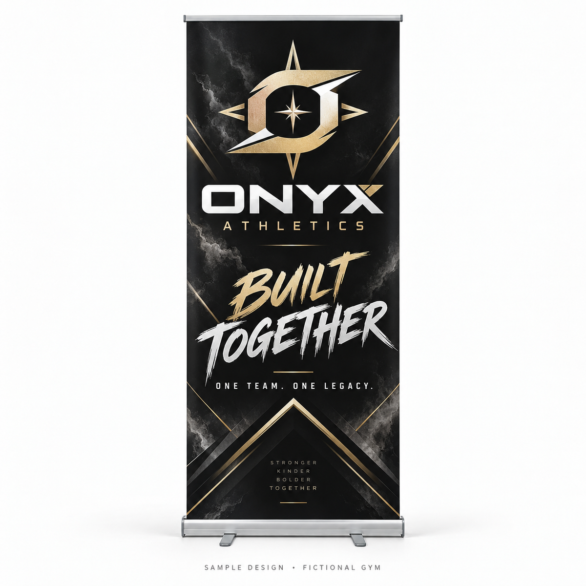Black and gold Onyx Athletics retractable banner stand — fictional gym sample design