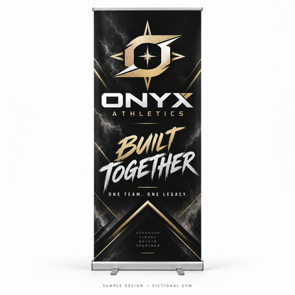Black and gold Onyx Athletics retractable banner stand — fictional gym sample design