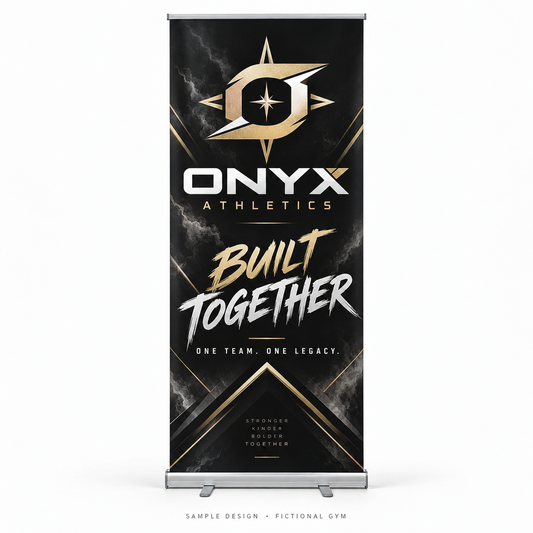 Black and gold Onyx Athletics retractable banner stand — fictional gym sample design