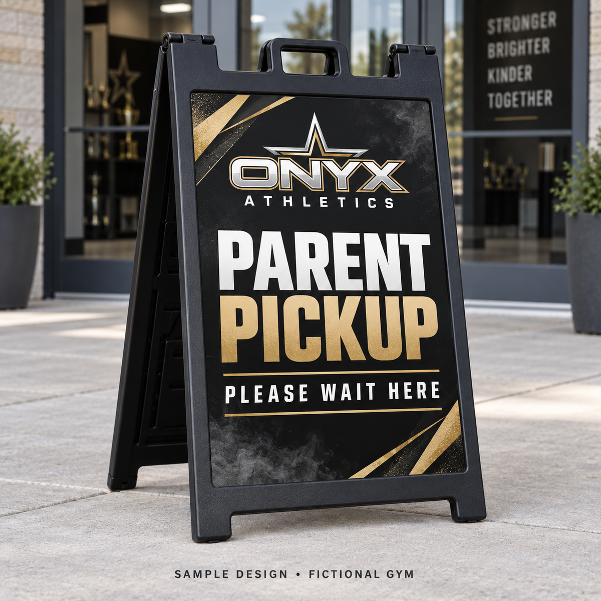 24 by 36 inch A-frame sign, onyx gym, black frame — fictional sample design