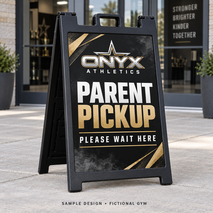 24 by 36 inch A-frame sign, onyx gym, black frame — fictional sample design