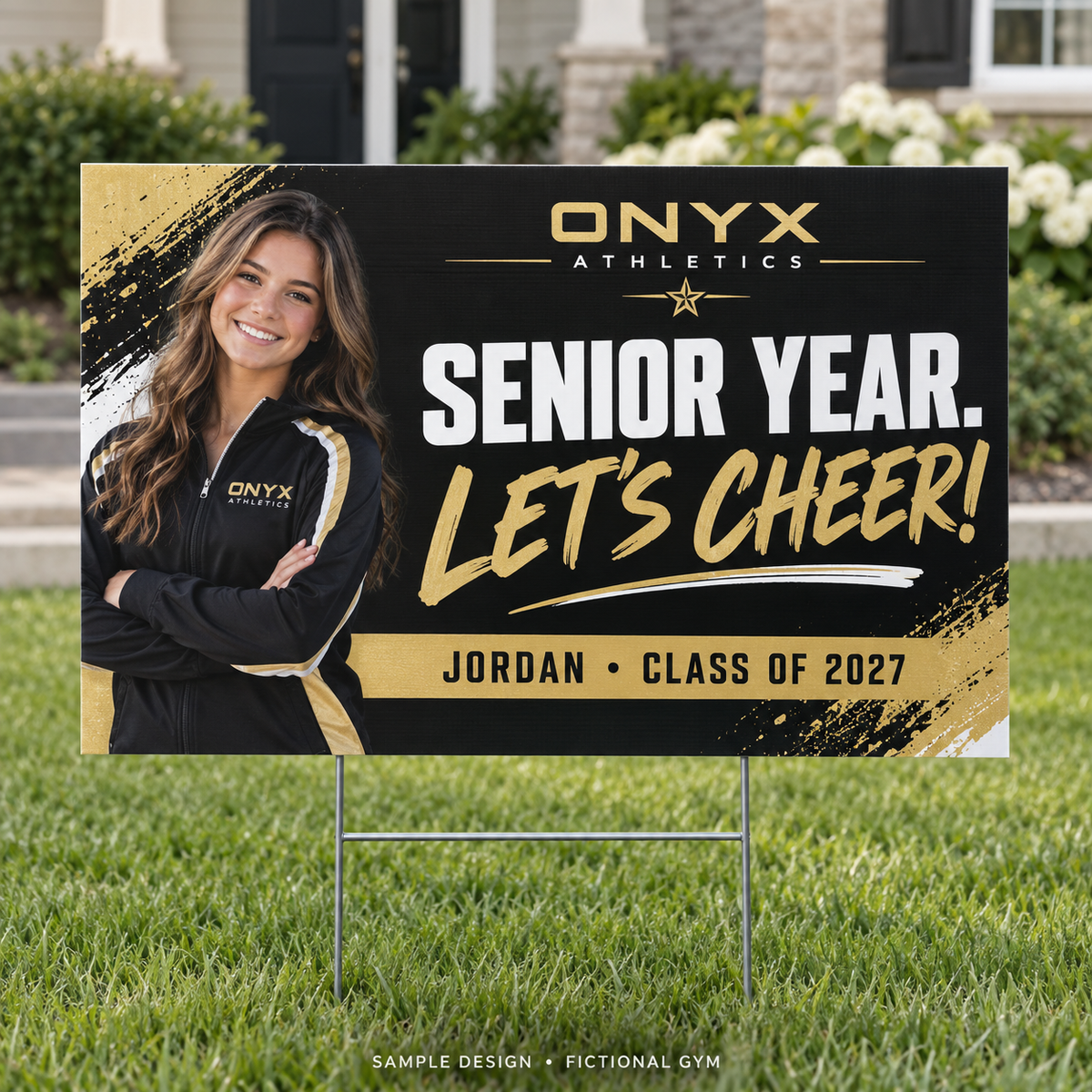 18 by 24 inch coroplast yard sign — onyx senior fictional sample design