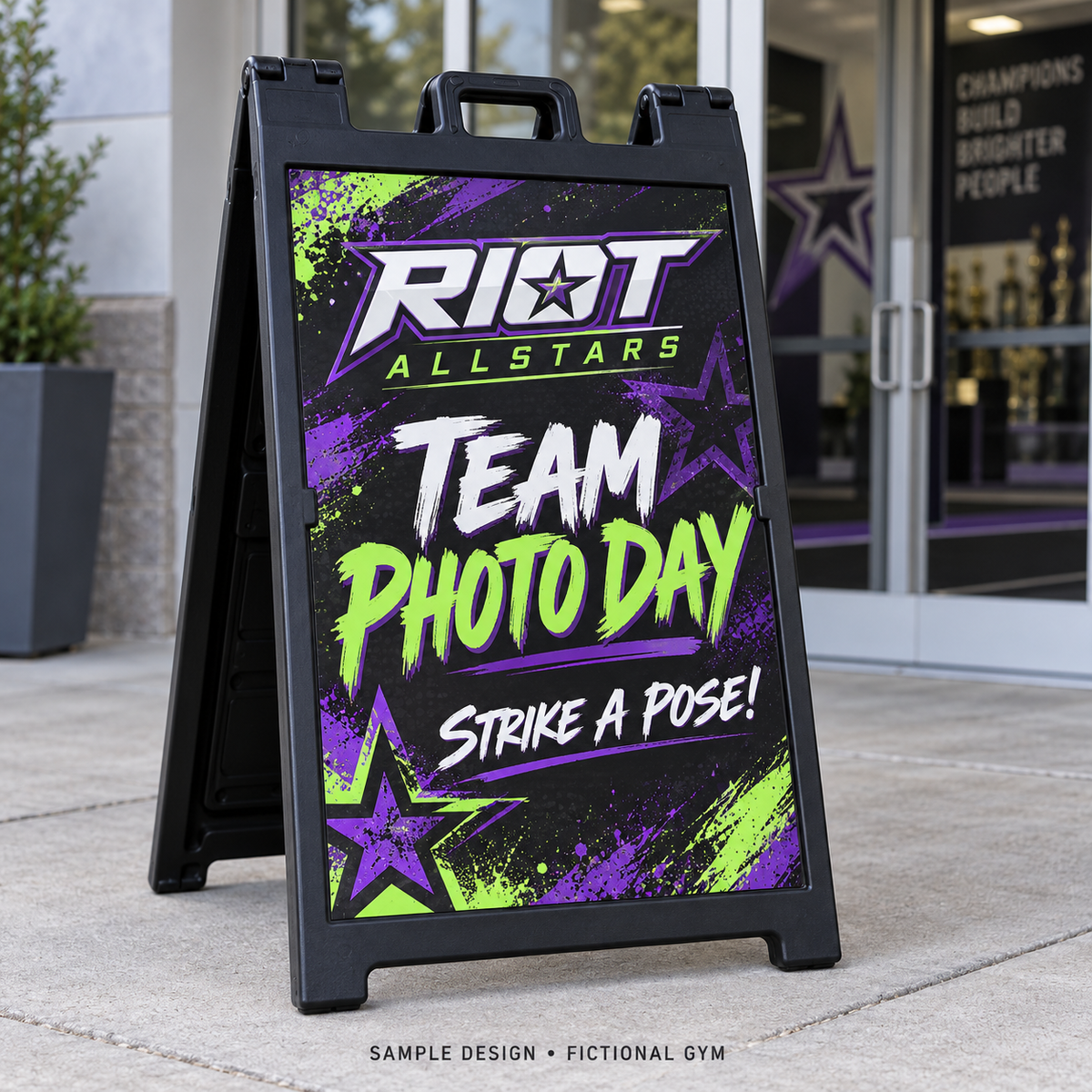 24 by 36 inch A-frame sign, riot gym, black frame — fictional sample design