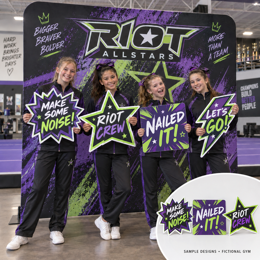 Riot Allstars fictional cheer team with custom handheld POP Signs