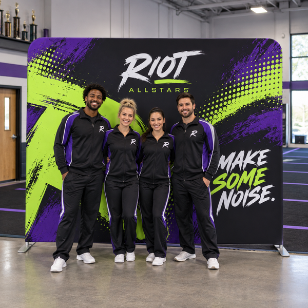 Riot team photo backdrop — fictional gym concept