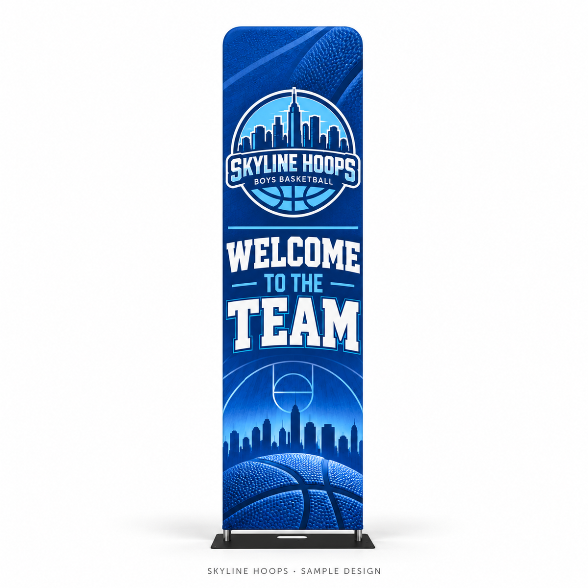 skyline basketball 24x90 fabric display — corrected shape and plate base