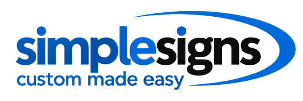SimpleSigns logo with blue Simple, black Signs, blue swoosh and custom made easy tagline