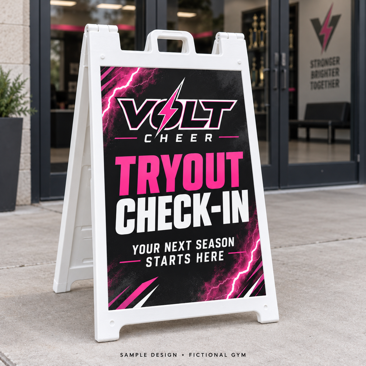 24 by 36 inch A-frame sign, volt gym, white frame — fictional sample design