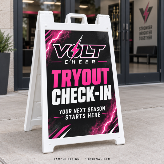 24 by 36 inch A-frame sign, volt gym, white frame — fictional sample design