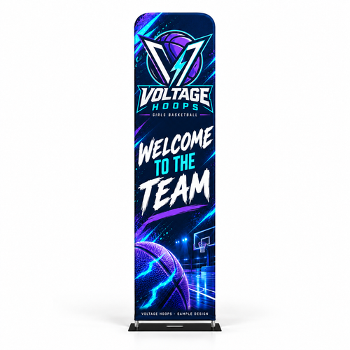 voltage basketball 24x90 fabric display — corrected shape and plate base